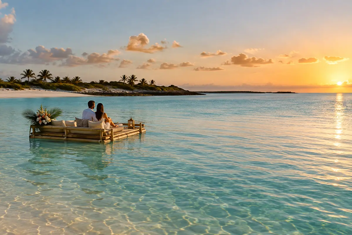 Representative couple on a styled bamboo raft in calm turquoise water at sunset