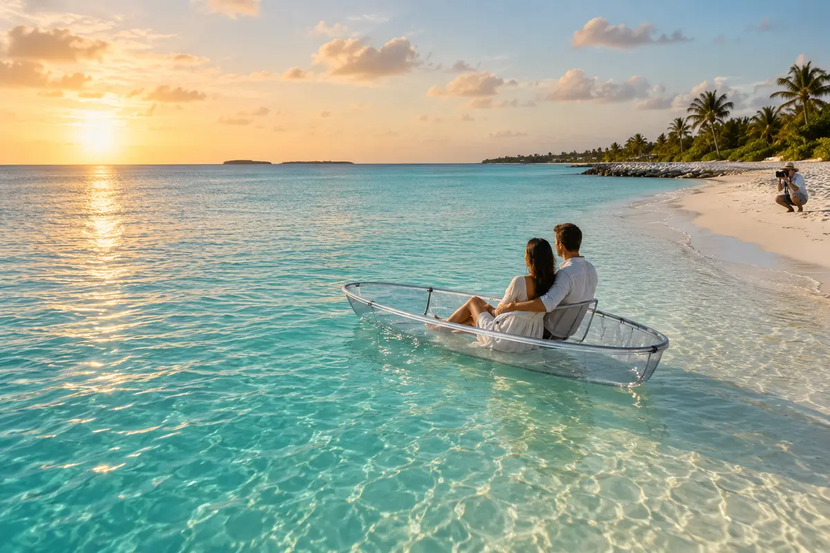 Representative clear-kayak portrait session in shallow turquoise Caribbean water