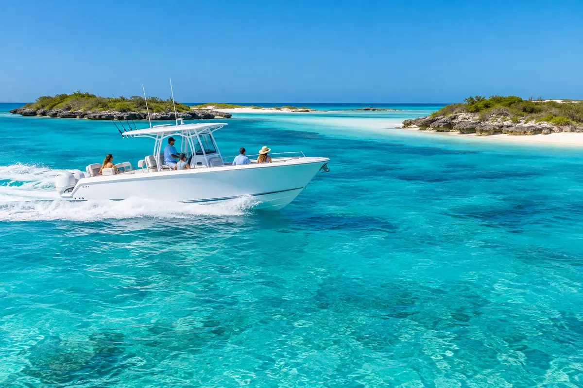 Representative private excursion boat on turquoise Caribbean water